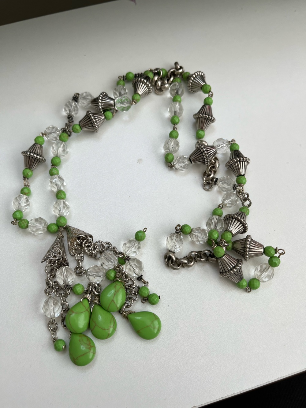 Silver Tone Green Howlite Teardrop Beaded Y Drop Long Necklace 44”